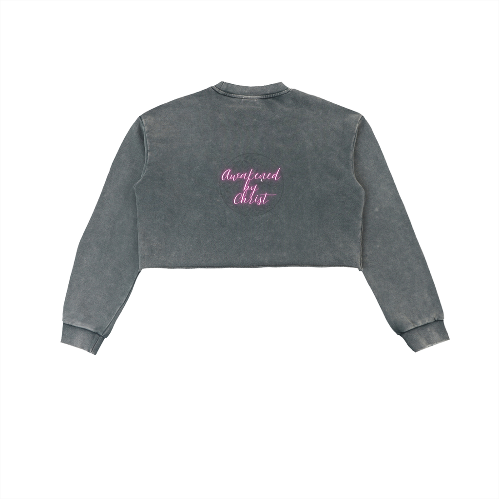 Womens' Faith Based Apparel - Plant Seeds of Faith - Awakened by Christ - Charity for Peace Foundation - Peace Collective -Snow Washed Raw Edge Cropped Sweatshirt