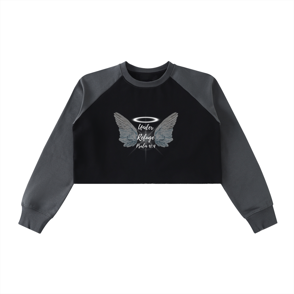 Women's Faith Based Apparel - Under Refuge - Raw-Hem Color-Block Raglan Crop Sweatshirt