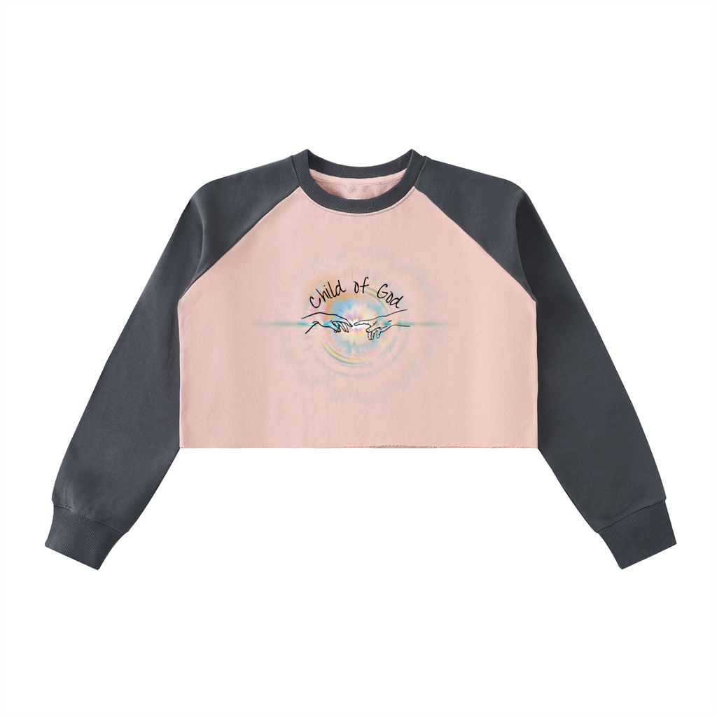 Child of God - Faith Based Apparel - Women's Raw-Hem Color-Block Raglan Crop Sweatshirt