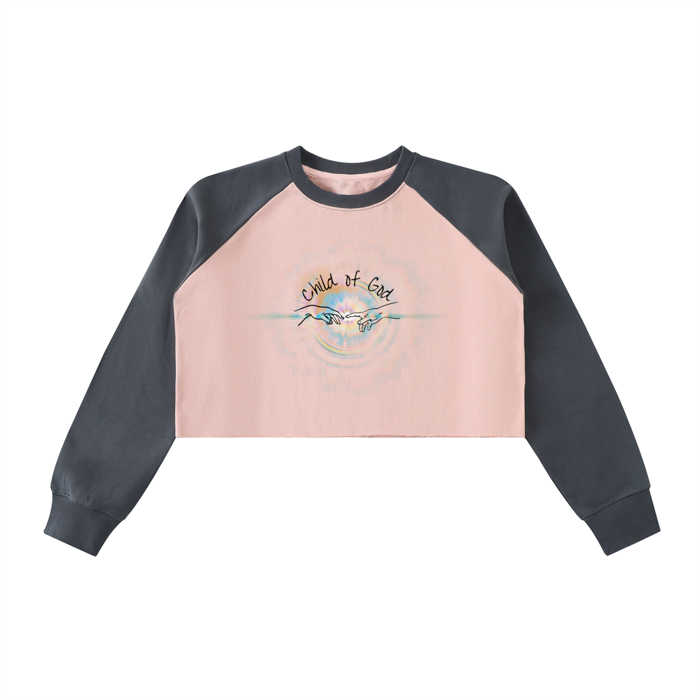 Child of God - Faith Based Apparel - Women's Raw-Hem Color-Block Raglan Crop Sweatshirt