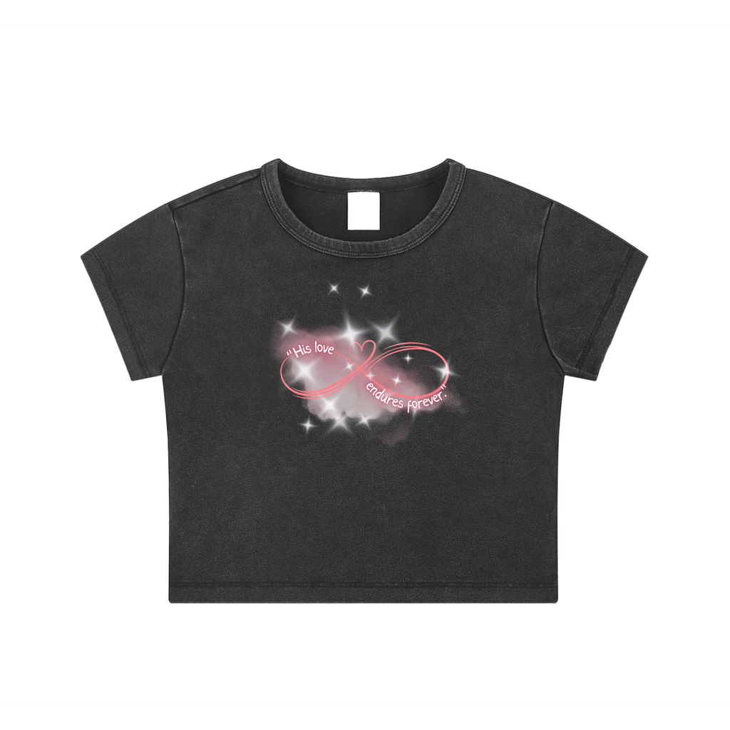 Womens' Faith Based Apparel - Infinity Sign Top - His Love Endures Forever - Snow Washed Crop Top
