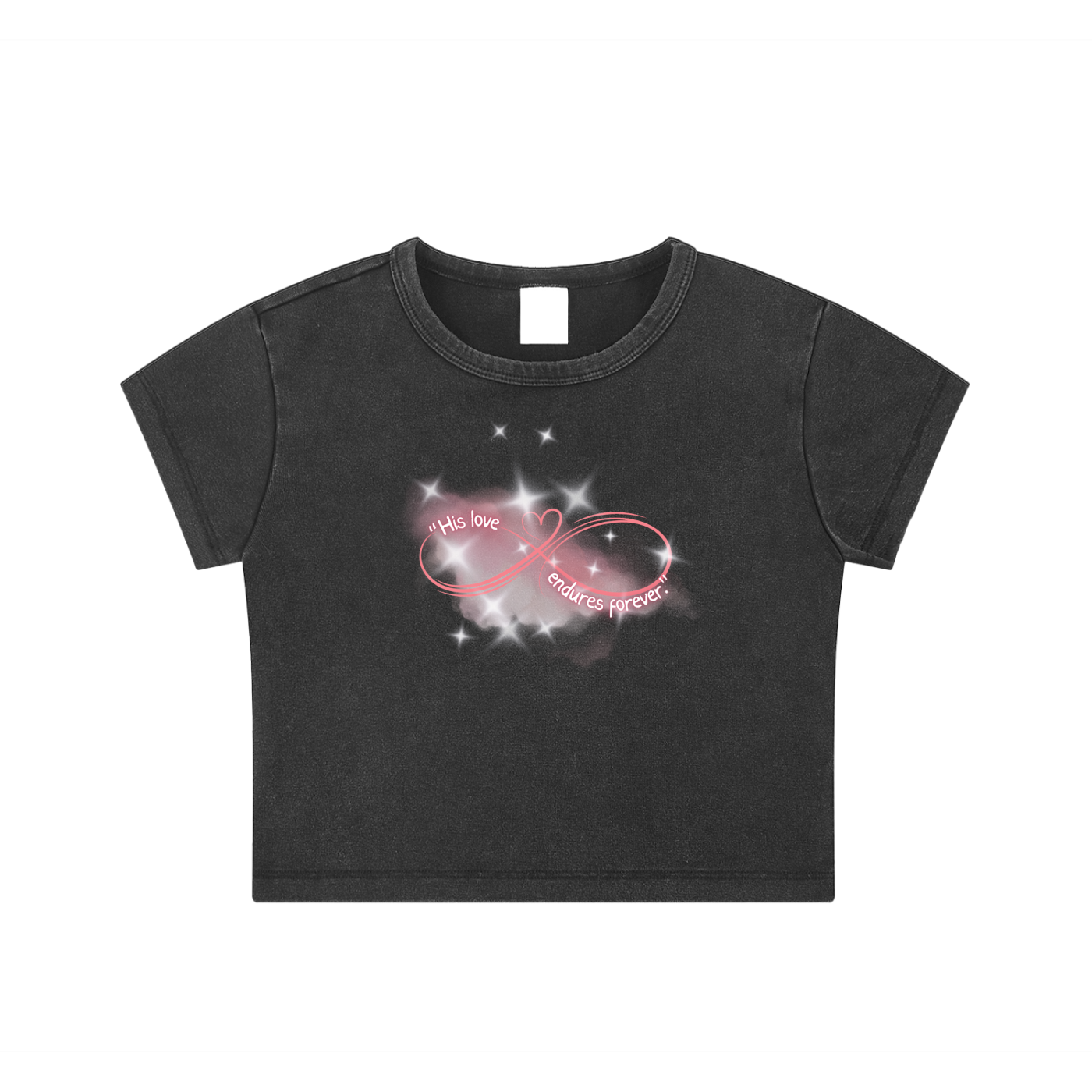 Womens' Faith Based Apparel - Infinity Sign Top - His Love Endures Forever - Snow Washed Crop Top