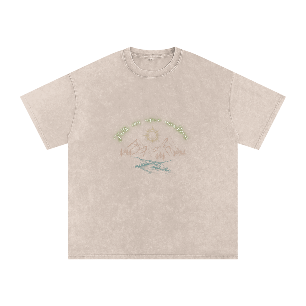 Faith Can Move Mountains - Faith Based Apparel - Unisex - Snow Washed Oversized Cotton T-Shirt