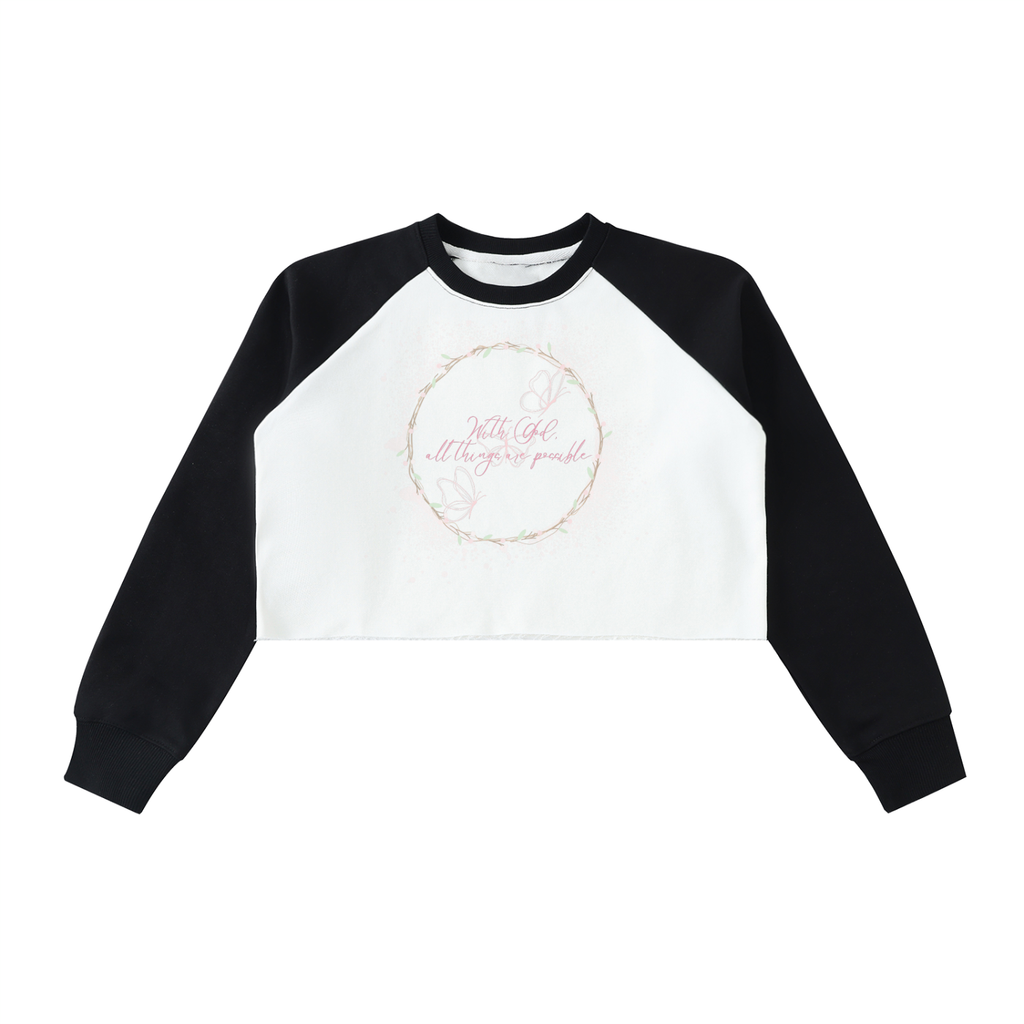 Womens' Faith Based Apparel - With God All Things Are Possible - Raw-Hem Color-Block Raglan Crop Sweatshirt
