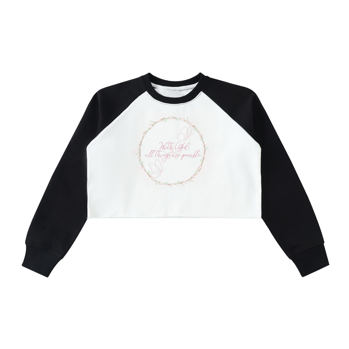 Womens' Faith Based Apparel - With God All Things Are Possible - Raw-Hem Color-Block Raglan Crop Sweatshirt