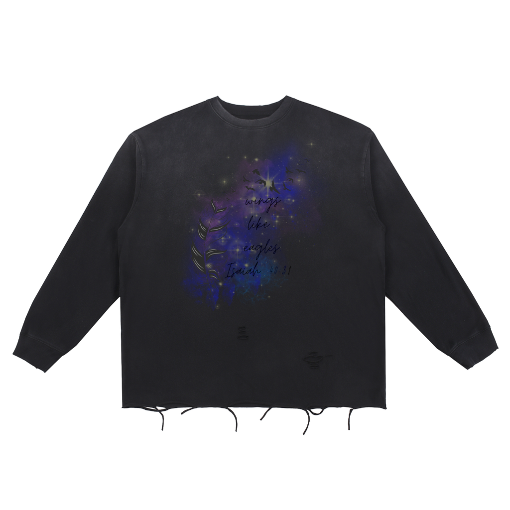 Womens' Faith Based Apparel - Isaiah 40:31 - Wings Like Eagles - Snow Wash Raw Edge Cotton Long Sleeved T-Shirt