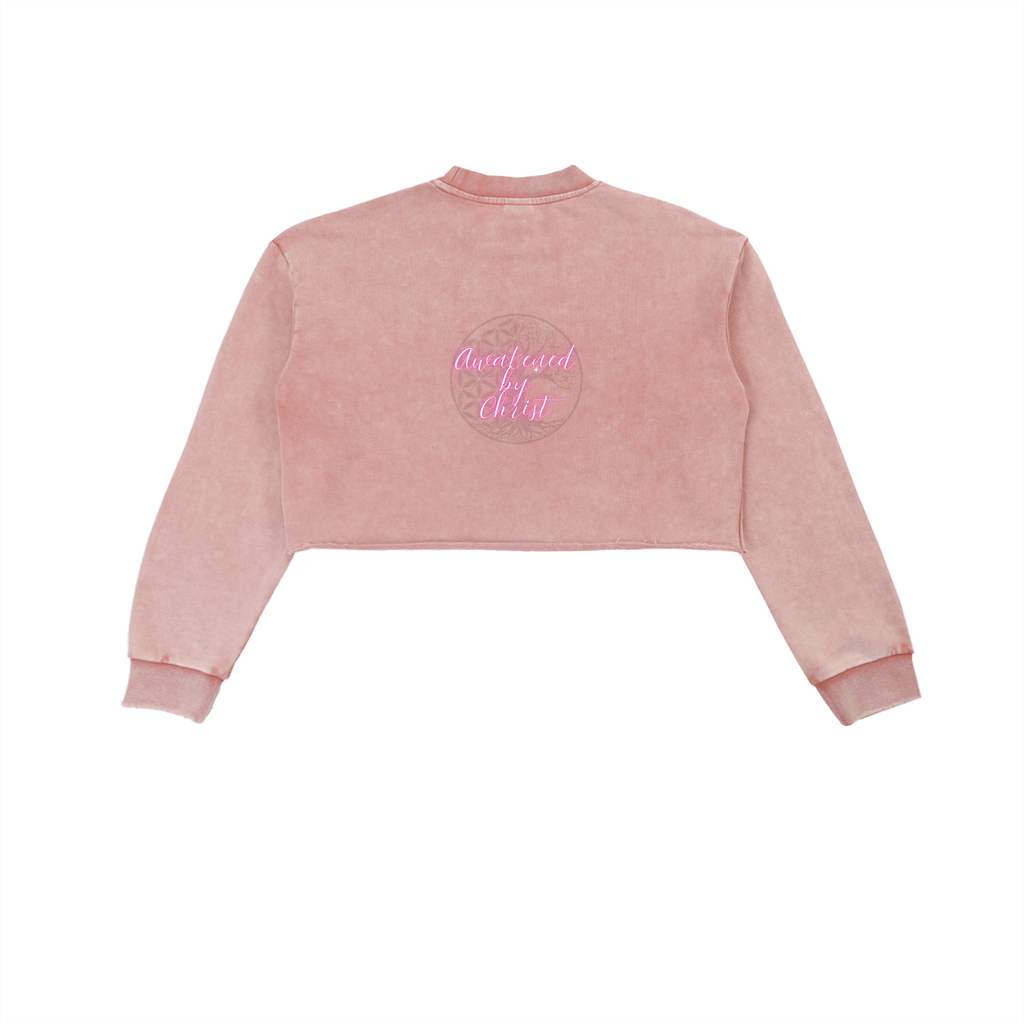 Womens' Faith Based Apparel - Plant Seeds of Faith - Awakened by Christ - Charity for Peace Foundation - Peace Collective -Snow Washed Raw Edge Cropped Sweatshirt